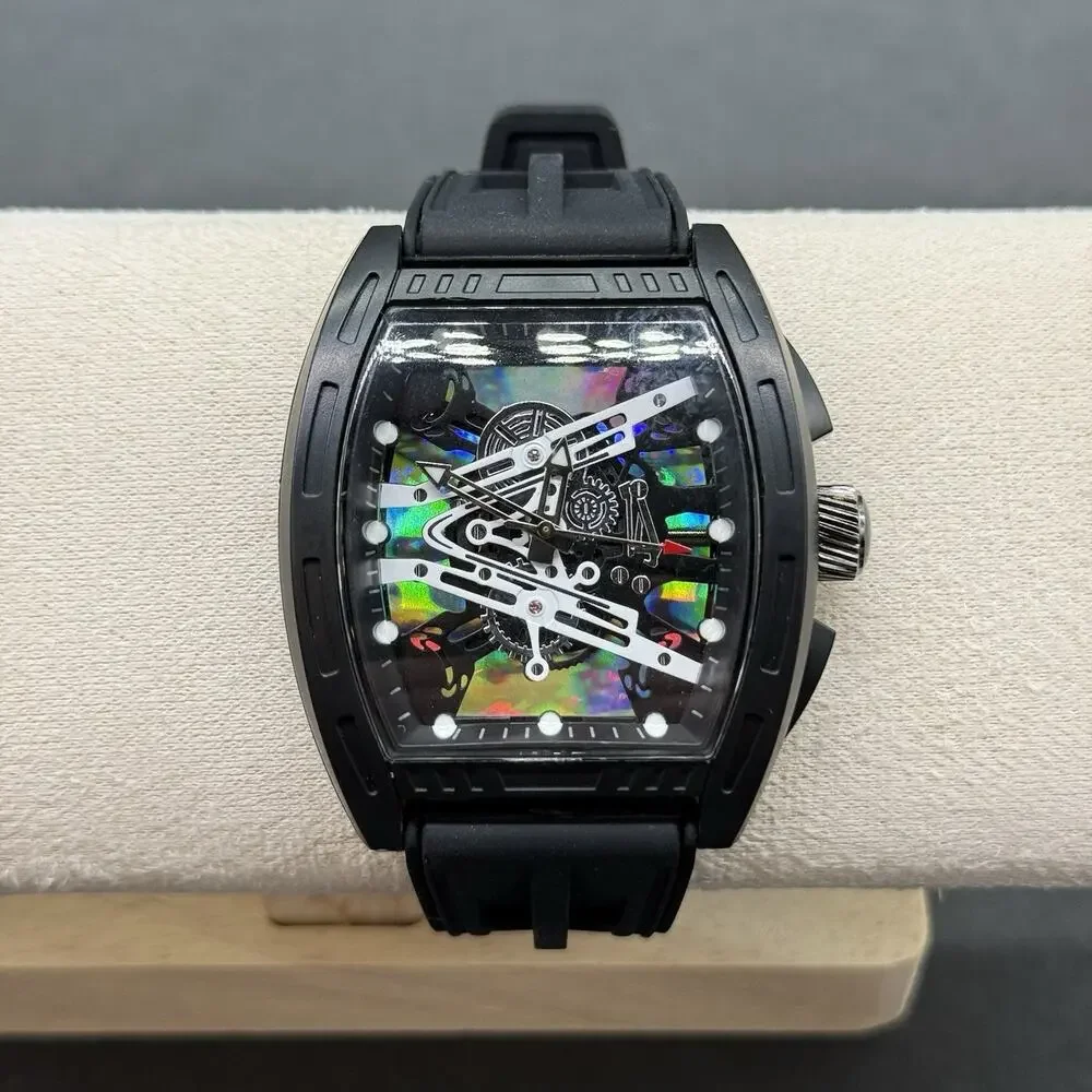 Unbranded Black Tonneau Skeleton Watch Geometric Dial Black Rubber Strap